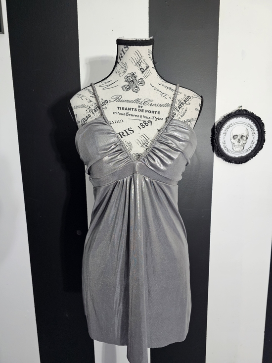 725 Originals Tops - Metallic Silver V-Neck Spaghetti Strap Tank Dress